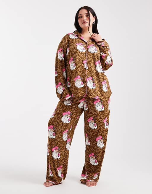 Urban Threads Curve Christmas Santa leopard print pyjama set in brown