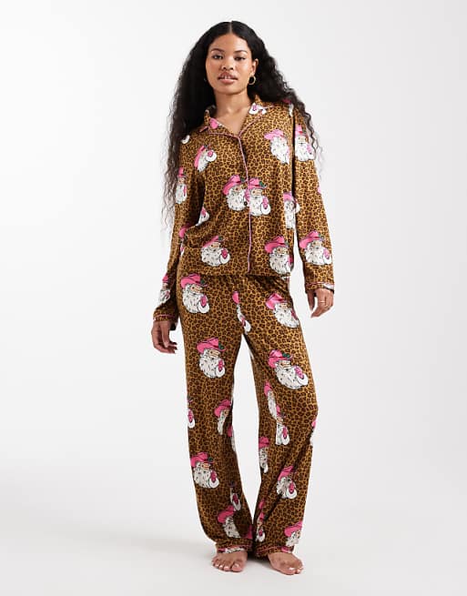 Urban Threads Petite Christmas Santa leopard print pyjama set in brown