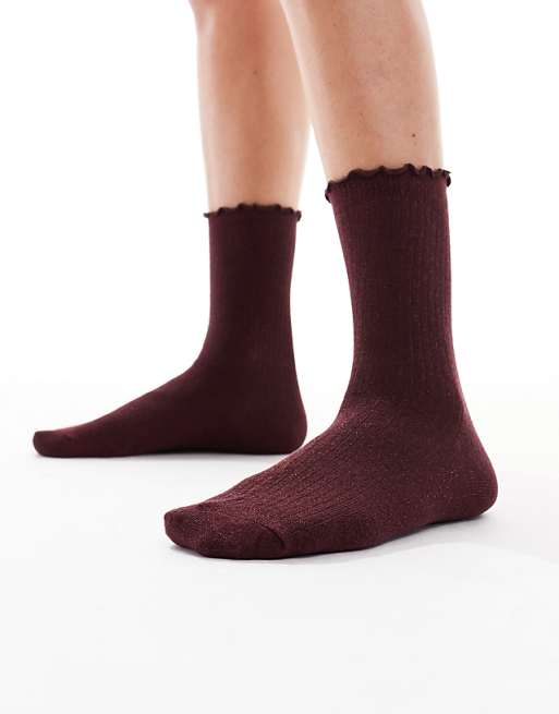 Vero Moda glitter sock with frill edge in burgundy