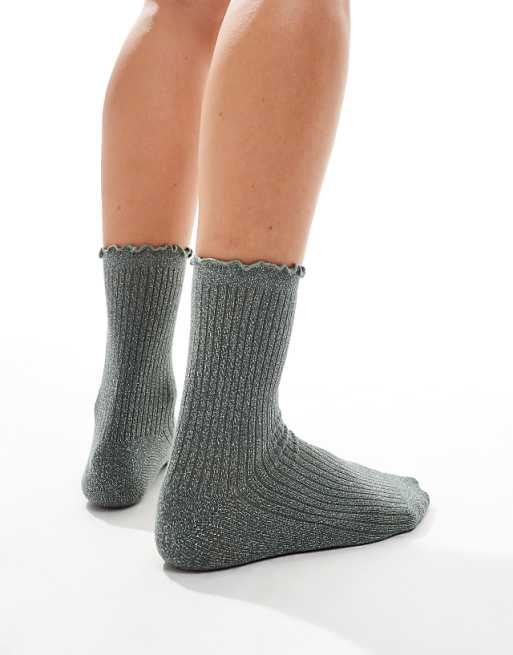 Vero Moda Glitter Sock With Frill Edge In Khaki
