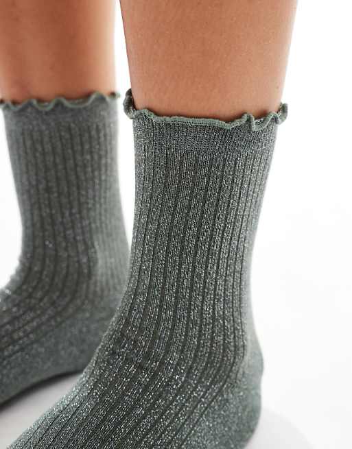 Vero Moda Glitter Sock With Frill Edge In Khaki