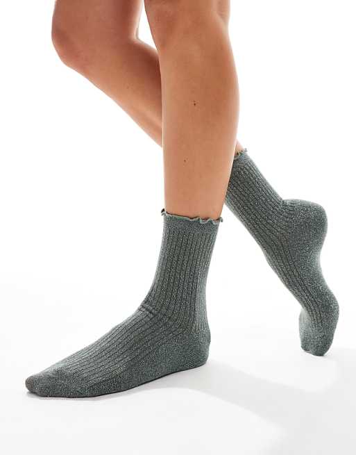 Vero Moda glitter sock with frill edge in khaki