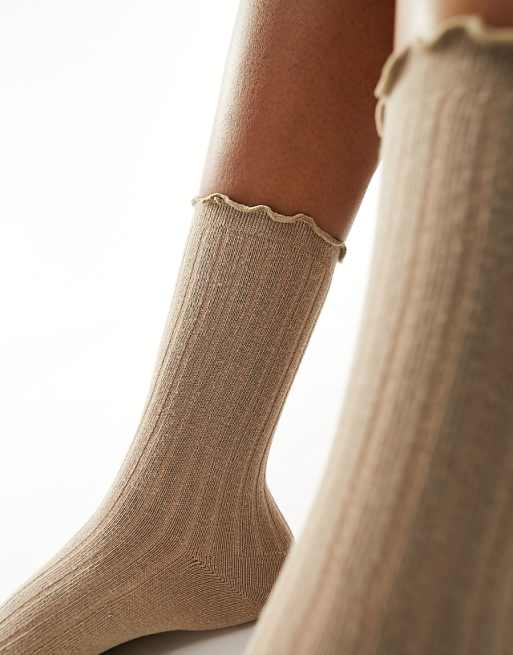 Vero Moda Ribbed Frill Socks In Beige