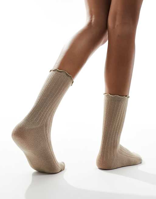 Vero Moda Ribbed Frill Socks In Beige