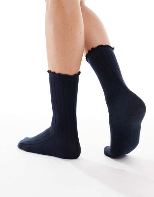 Vero Moda Ribbed Frill Socks In Navy