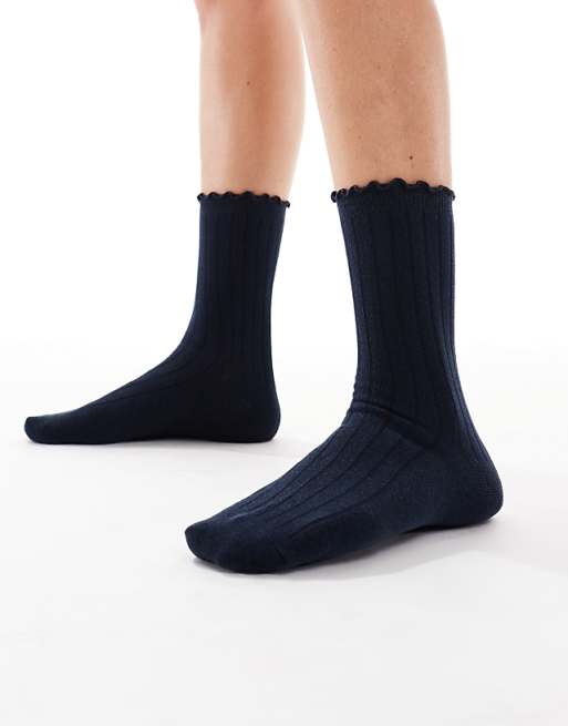 Vero Moda ribbed frill socks in navy