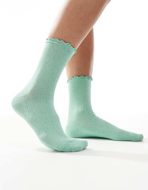 Vero Moda Ribbed Glitter Sock With Frill Edge In Green