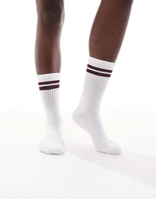 Vero Moda sporty ribbed socks in white and burgundy