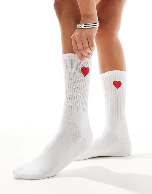 Vero Moda sporty ribbed socks with heart motif in white