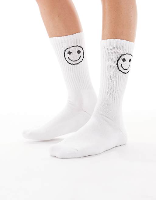 Vero Moda sporty ribbed socks with smile motif in white and chocolate