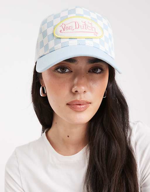 Von Dutch trucker check cap in blue & white