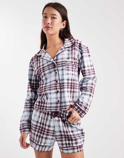 Wednesday's Girl Long Sleeve Shirt And Short Pyjama Set In Purple Plaid
