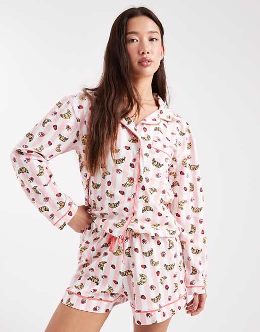 Wednesday's Girl long sleeve shirt and short pyjama set in crossaint print