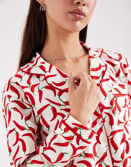 Wednesday's Girl Long Sleeve Shirt And Trouser Pyjama Set In Chilli Print