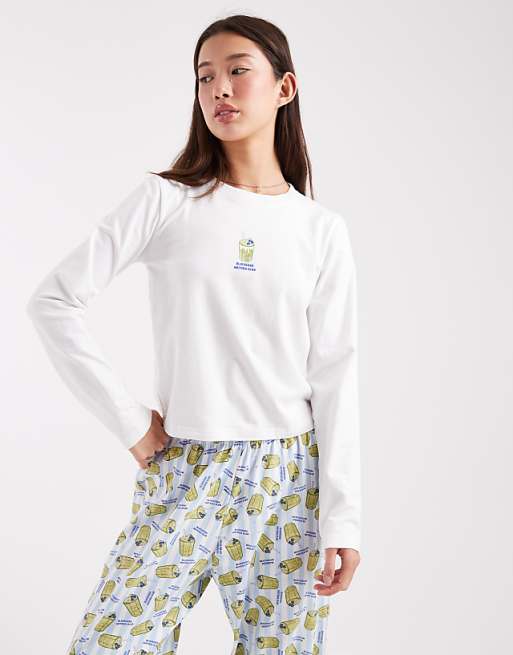 Wednesday's Girl Long Sleeve Top And Trousers Pyjama Set In Matcha Print