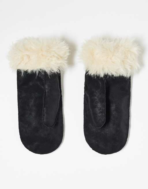 Weekday Faux Shearling Mittens In Black Suede With White Fur