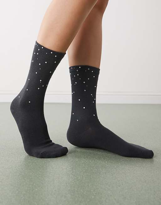 Weekday socks with rhinestones in off-black